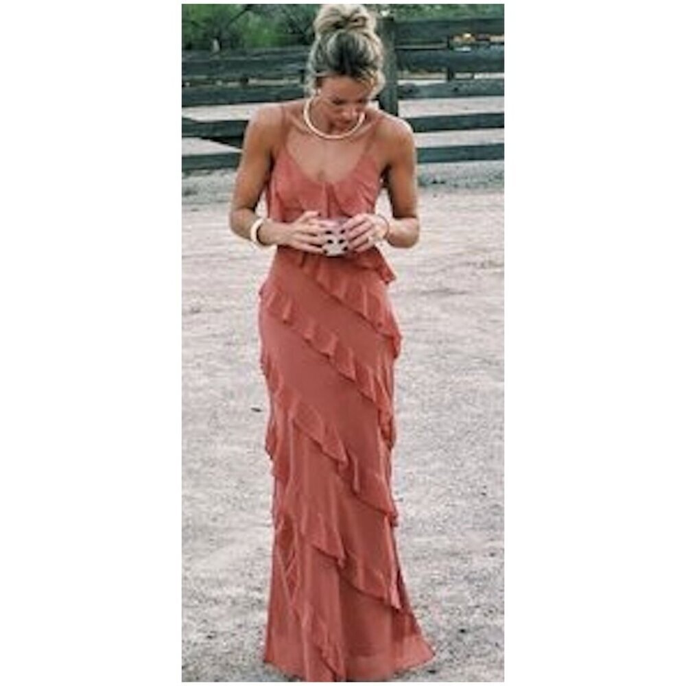 PETAL & PUP Ciao Ruffle Chiffon Gown in Rosewood Size Small - Picture 2 of 8